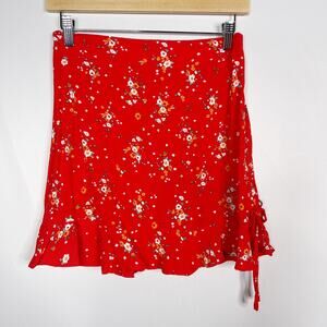 Olivaceous Small S Red Floral Mini Skirt Flared Side Ruched Summer Casual Womens